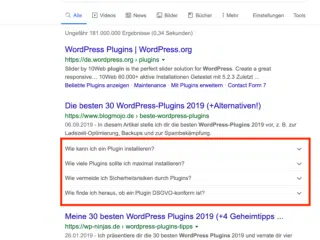 Google Suchergebnisseite zum Keyword WordPress Plugins in der Desktop-Suche